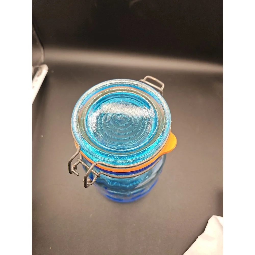 Vintage Blue Glass Storage Jar Hearts Crownford Giftware Corp  7 Tall